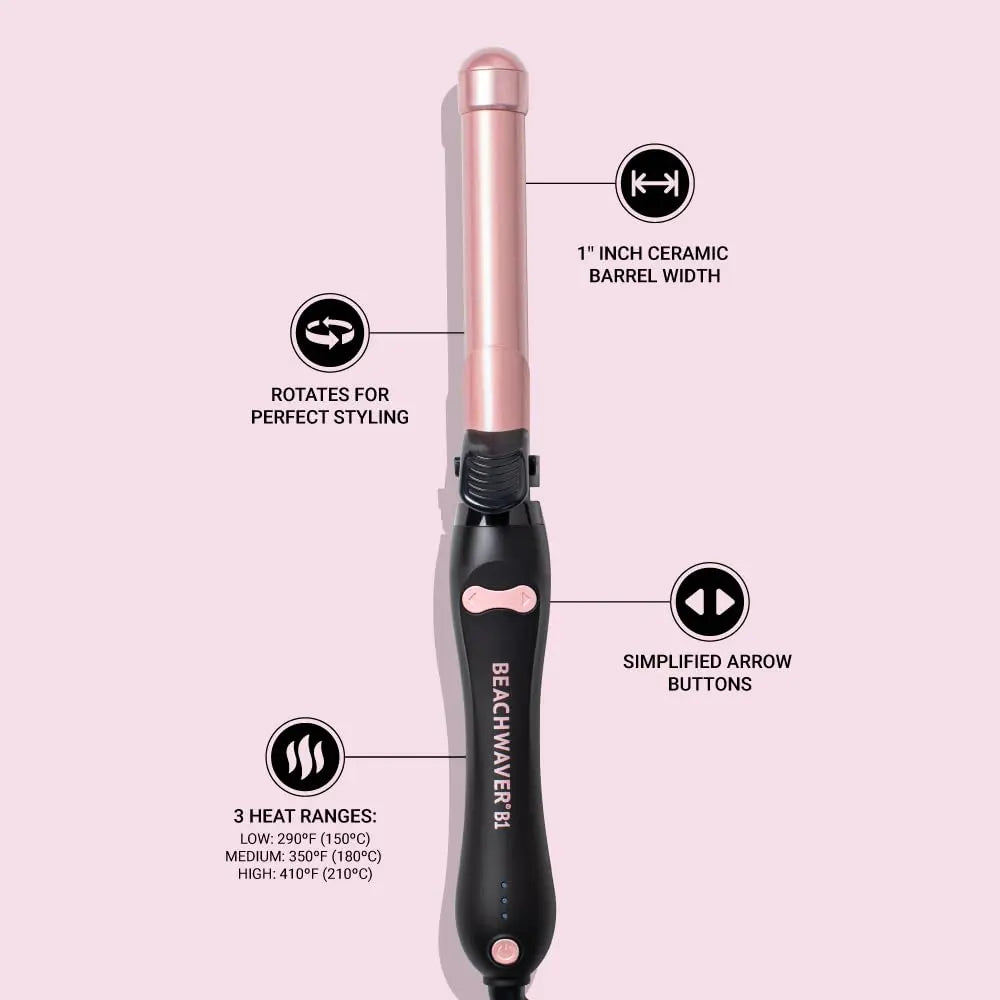 The Beachwaver Co. B1 Rotating Curling Iron - Automatic 1" Ceramic Curling Iron - Easy-To-Use Spinning Wand for Long-Lasting Waves, Auto-Shut Off, Travel-Friendly, Dual Voltage (BW160), Midnight Rose